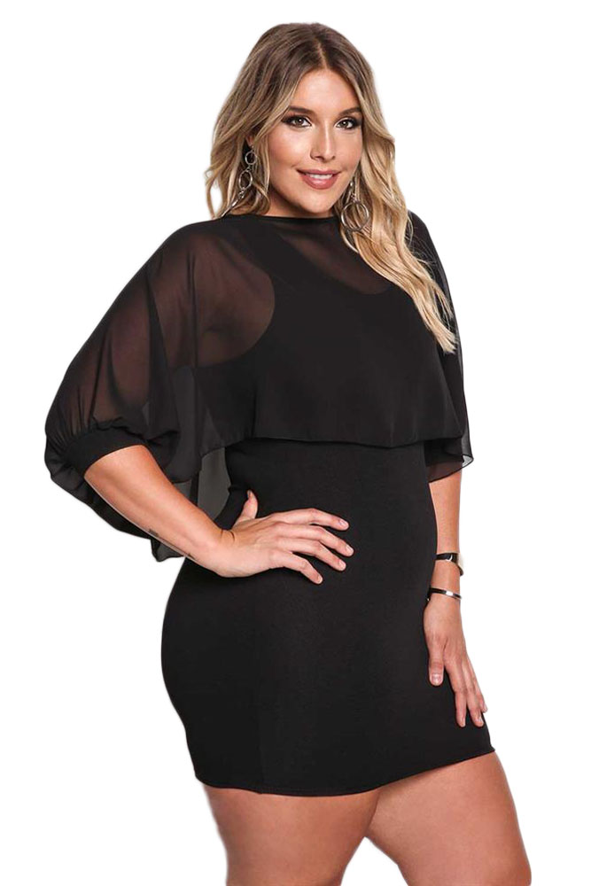 BY220176-2 Black Plus Size Chiffon Layered Bodycon Dress